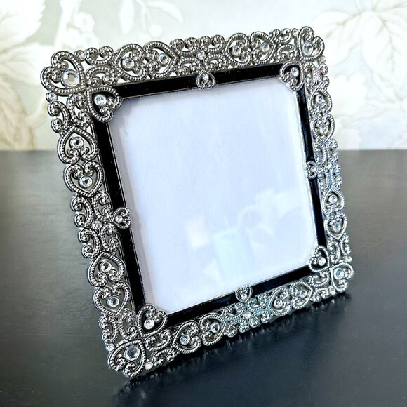 Ornate Metal Picture Frame with Crystals & Heart Design for Square Photo - Picture 3 of 10